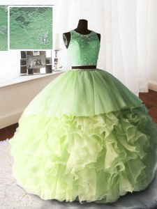 Yellow Green 15 Quinceanera Dress Military Ball and Sweet 16 and Quinceanera and For with Beading and Lace and Ruffles Scoop Sleeveless Brush Train Zipper