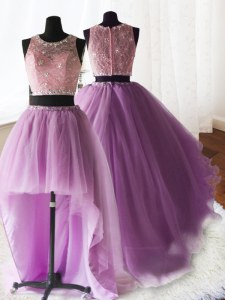 Three Piece Scoop Sleeveless Brush Train Zipper Ball Gown Prom Dress Lilac Organza and Tulle and Lace