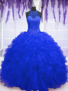 High End Sequins Royal Blue Sleeveless Organza Lace Up Quinceanera Gown for Military Ball and Sweet 16 and Quinceanera