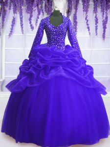 Organza Long Sleeves Floor Length Ball Gown Prom Dress and Sequins and Pick Ups