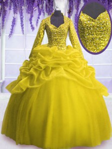Hot Selling Sequins and Pick Ups Quinceanera Dresses Yellow Zipper Long Sleeves Floor Length
