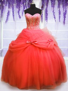 Coral Red Ball Gowns Beading and Bowknot 15 Quinceanera Dress Lace Up Tulle Sleeveless Floor Length