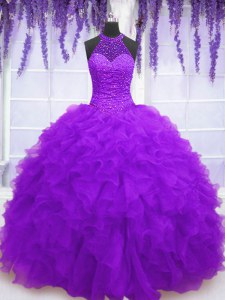 Super Purple Lace Up High-neck Beading and Ruffles Quinceanera Gowns Organza Sleeveless