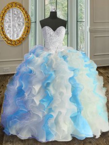 Extravagant Blue And White Sleeveless Beading and Ruffles Floor Length 15 Quinceanera Dress