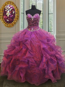 Purple Sleeveless Beading and Ruffles Floor Length Ball Gown Prom Dress