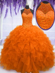 Enchanting Orange Red Ball Gowns Organza High-neck Sleeveless Beading and Ruffles Floor Length Lace Up 15 Quinceanera Dress