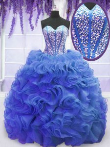 Fine Royal Blue Sweet 16 Dresses Organza Sweep Train Sleeveless Beading and Ruffles