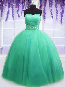 Cute Sleeveless Tulle Floor Length Lace Up Quinceanera Dresses in Turquoise with Beading and Belt