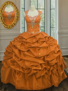 Sophisticated Straps Sleeveless Taffeta Floor Length Lace Up Ball Gown Prom Dress in Orange with Beading and Pick Ups