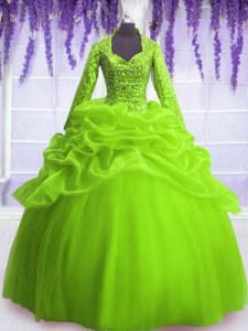 Low Price Long Sleeves Zipper Floor Length Sequins and Pick Ups Quinceanera Gowns