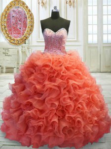 Perfect Coral Red Sweetheart Neckline Beading and Ruffles Ball Gown Prom Dress Sleeveless Lace Up