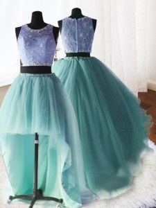 Three Piece Scoop With Train Apple Green Sweet 16 Quinceanera Dress Organza and Tulle and Lace Brush Train Sleeveless Beading and Ruffles