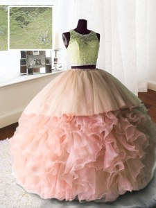 Scoop With Train Baby Pink Quinceanera Dress Organza and Tulle and Lace Brush Train Sleeveless Beading and Lace and Ruffles