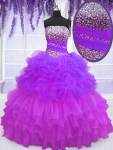 Great Sleeveless Beading and Ruffled Layers and Pick Ups Lace Up Quince Ball Gowns