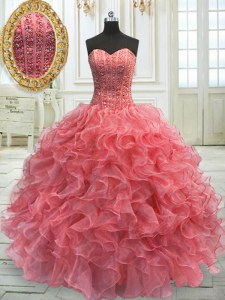 Pretty Sleeveless Organza Floor Length Lace Up Quinceanera Gown in Watermelon Red with Beading and Ruffles