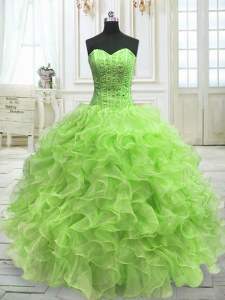 High Class Yellow Green Lace Up 15th Birthday Dress Beading and Ruffles Sleeveless Floor Length