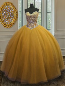 Gorgeous Beading Quinceanera Dress Gold Lace Up Sleeveless Floor Length