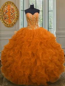 Flirting Orange Red 15th Birthday Dress Military Ball and Sweet 16 and Quinceanera and For with Beading and Ruffles Sweetheart Sleeveless Lace Up
