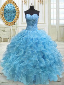 Baby Blue Lace Up Sweetheart Beading and Ruffles Quince Ball Gowns Organza Sleeveless