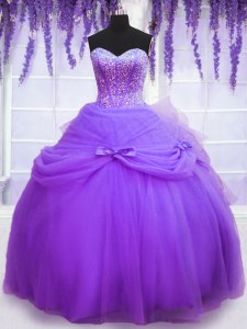 Fine Floor Length Lace Up Quinceanera Dresses Lavender and In with Beading and Bowknot