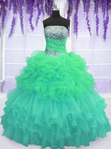 Exceptional Strapless Sleeveless 15th Birthday Dress Floor Length Beading and Ruffled Layers and Pick Ups Multi-color Organza