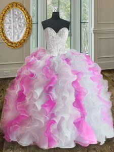 Trendy White and Pink Ball Gowns Organza Sweetheart Sleeveless Beading and Ruffles Floor Length Lace Up 15 Quinceanera Dress