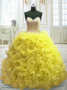Perfect Yellow Ball Gowns Sweetheart Sleeveless Organza Sweep Train Lace Up Beading and Ruffles Quince Ball Gowns