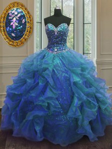 Blue Ball Gowns Sweetheart Sleeveless Organza and Sequined Floor Length Lace Up Beading and Ruffles Sweet 16 Quinceanera Dress