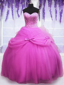 Beauteous Lilac Ball Gowns Tulle Sweetheart Sleeveless Beading and Sequins and Bowknot Floor Length Lace Up Ball Gown Prom Dress