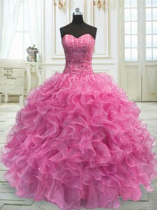 Sleeveless Organza Floor Length Lace Up Vestidos de Quinceanera in Rose Pink with Beading and Ruffles