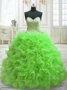 Lace Up Quinceanera Dress Beading and Ruffles Sleeveless Sweep Train