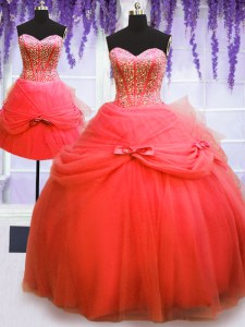 Flirting Three Piece Sweetheart Sleeveless Tulle Vestidos de Quinceanera Beading and Bowknot Lace Up