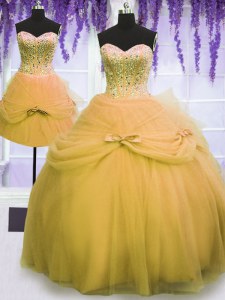 Graceful Three Piece Ball Gowns 15th Birthday Dress Gold Sweetheart Tulle Sleeveless Floor Length Lace Up