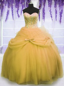 Gold Sleeveless Floor Length Beading and Bowknot Lace Up 15th Birthday Dress