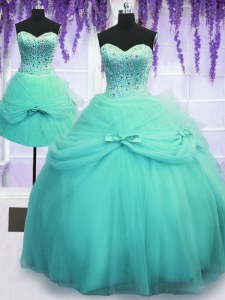 Three Piece Aqua Blue Tulle Lace Up Quinceanera Dress Sleeveless Floor Length Beading and Bowknot