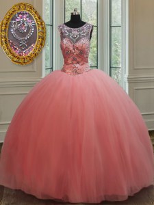 Flare Watermelon Red Scoop Lace Up Beading Quinceanera Dress Sleeveless