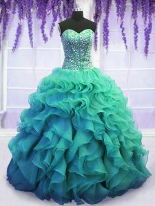 Turquoise Sleeveless Beading and Ruffles Floor Length Quinceanera Dress