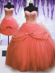 Glamorous Three Piece Watermelon Red Lace Up Sweetheart Beading and Bowknot 15th Birthday Dress Tulle Sleeveless