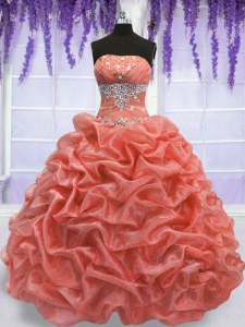 Sexy Floor Length Watermelon Red and Coral Red Vestidos de Quinceanera Organza Sleeveless Beading