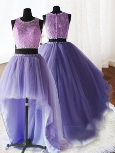 Three Piece Organza and Tulle and Lace Scoop Sleeveless Brush Train Zipper Beading and Lace and Ruffles Quince Ball Gowns in Lavender