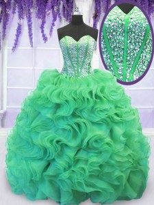 High Quality Turquoise Lace Up Quince Ball Gowns Beading and Ruffles Sleeveless With Brush Train