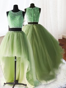 Three Piece Scoop Lace With Train Ball Gowns Sleeveless Yellow Green Quinceanera Dress Brush Train Zipper