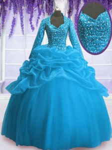 Delicate V-neck Long Sleeves Organza Sweet 16 Quinceanera Dress Sequins and Pick Ups Zipper