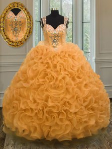 Spectacular Orange Organza Zipper Sweetheart Sleeveless Floor Length Sweet 16 Dress Beading and Ruffles