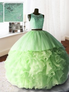 Decent Scoop Sleeveless Organza and Tulle and Lace Brush Train Zipper Vestidos de Quinceanera for Military Ball and Sweet 16 and Quinceanera