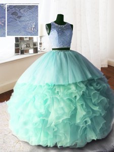 Scoop Apple Green Organza and Tulle and Lace Zipper Quinceanera Gown Sleeveless With Brush Train Beading and Lace and Ruffles