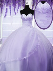 Cute Sleeveless Tulle Floor Length Lace Up Quinceanera Gowns in Lavender with Appliques