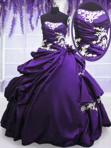 Sleeveless Taffeta Floor Length Lace Up 15 Quinceanera Dress in Purple with Appliques and Pick Ups