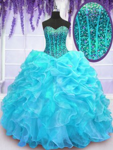 New Arrival Aqua Blue Ball Gowns Beading and Ruffles and Pick Ups Quinceanera Dress Lace Up Organza Sleeveless Floor Length