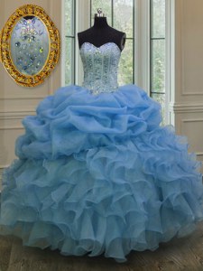 Pick Ups Ball Gowns Quinceanera Dress Blue Sweetheart Organza Sleeveless Floor Length Lace Up